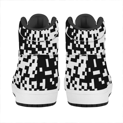 Black And White Pixel Pattern Print High Top Leather Sneakers