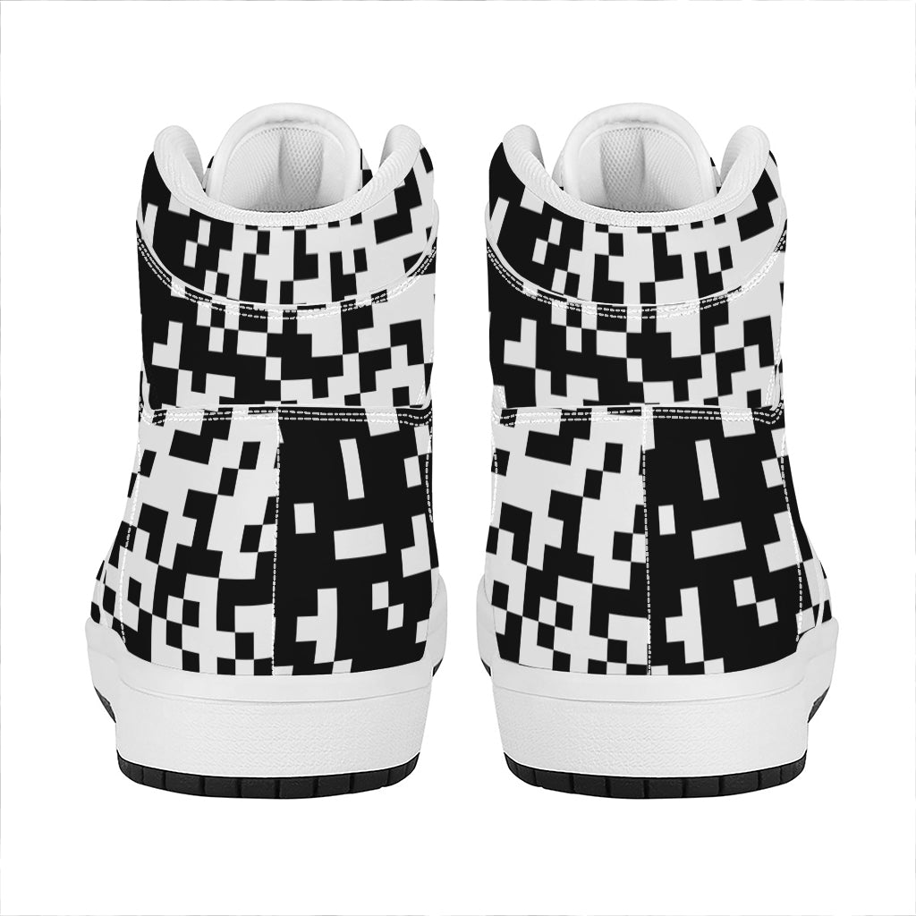 Black And White Pixel Pattern Print High Top Leather Sneakers
