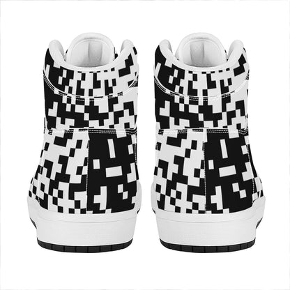 Black And White Pixel Pattern Print High Top Leather Sneakers