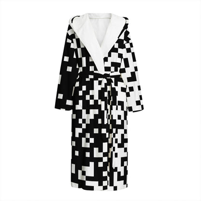 Black And White Pixel Pattern Print Hooded Bathrobe