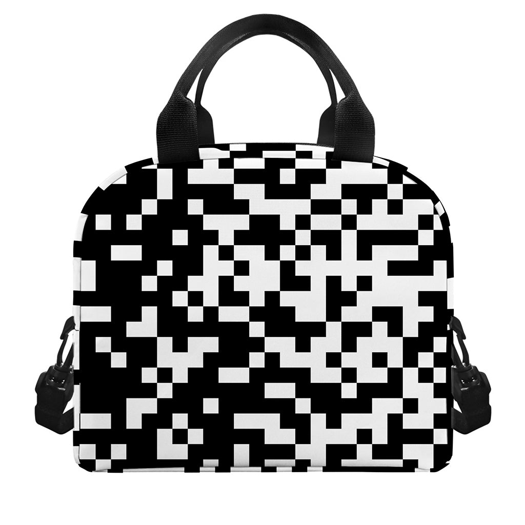 Black And White Pixel Pattern Print Insulated Lunch Bag