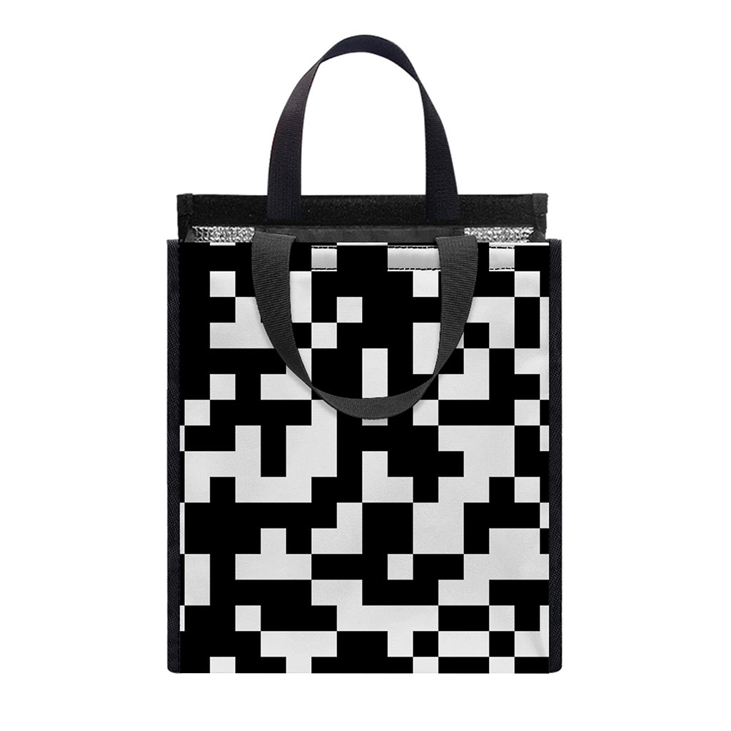 Black And White Pixel Pattern Print Insulated Lunch Tote
