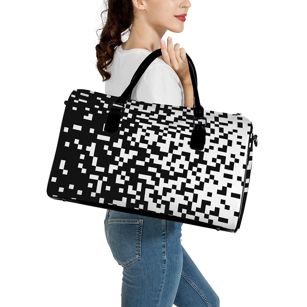 Black And White Pixel Pattern Print Leather Duffle Bag
