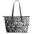 Black And White Pixel Pattern Print Leather Tote Bag With Zipper