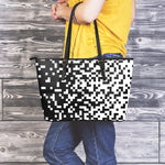 Black And White Pixel Pattern Print Leather Tote Bag