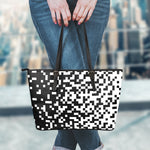 Black And White Pixel Pattern Print Leather Tote Bag