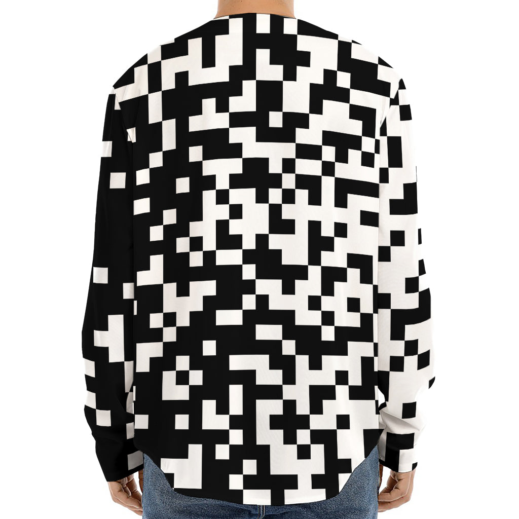 Black And White Pixel Pattern Print Long Sleeve Baseball Jersey