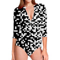 Black And White Pixel Pattern Print Long Sleeve Swimsuit