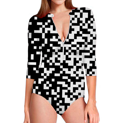Black And White Pixel Pattern Print Long Sleeve Swimsuit