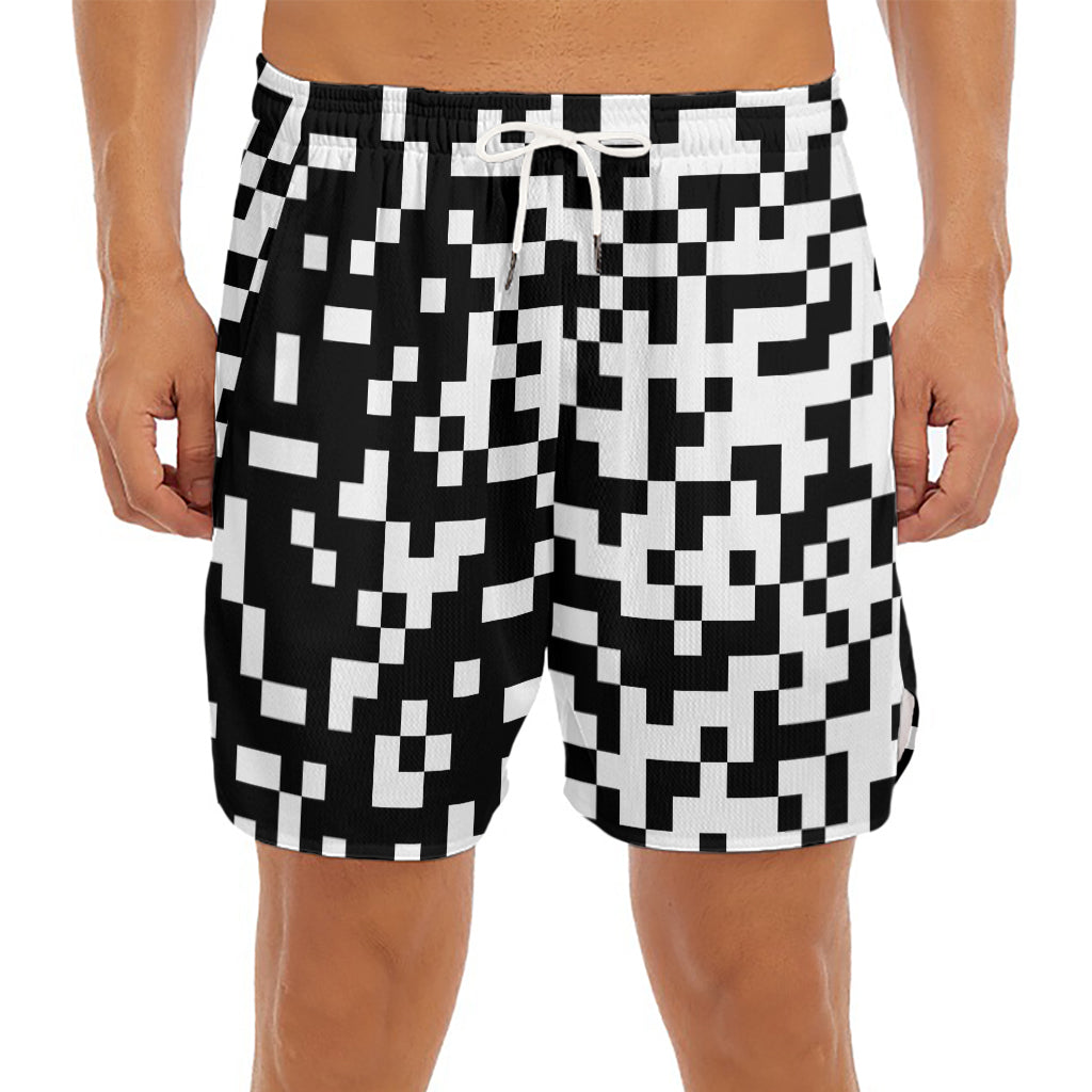 Black And White Pixel Pattern Print Men's Split Running Shorts
