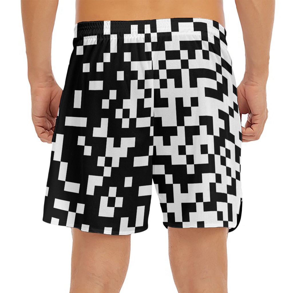 Black And White Pixel Pattern Print Men's Split Running Shorts