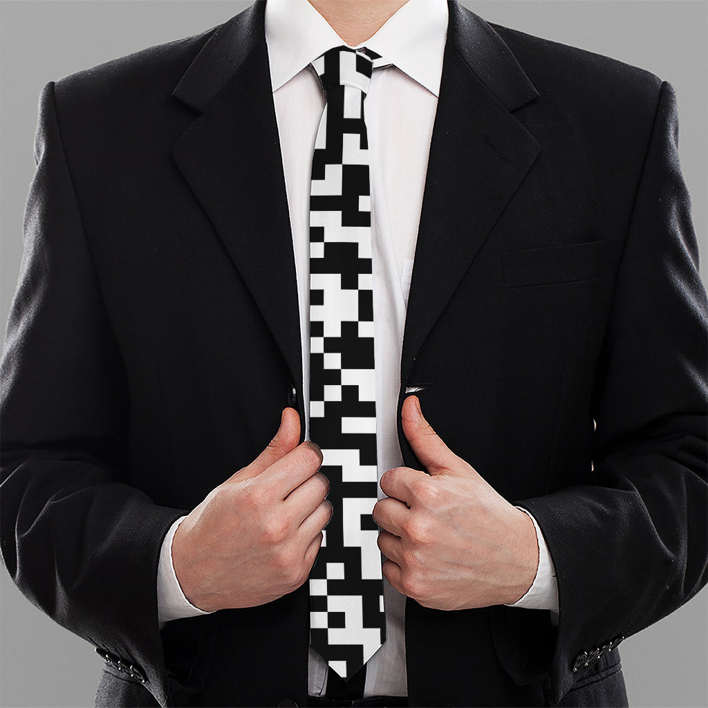 Black And White Pixel Pattern Print Necktie