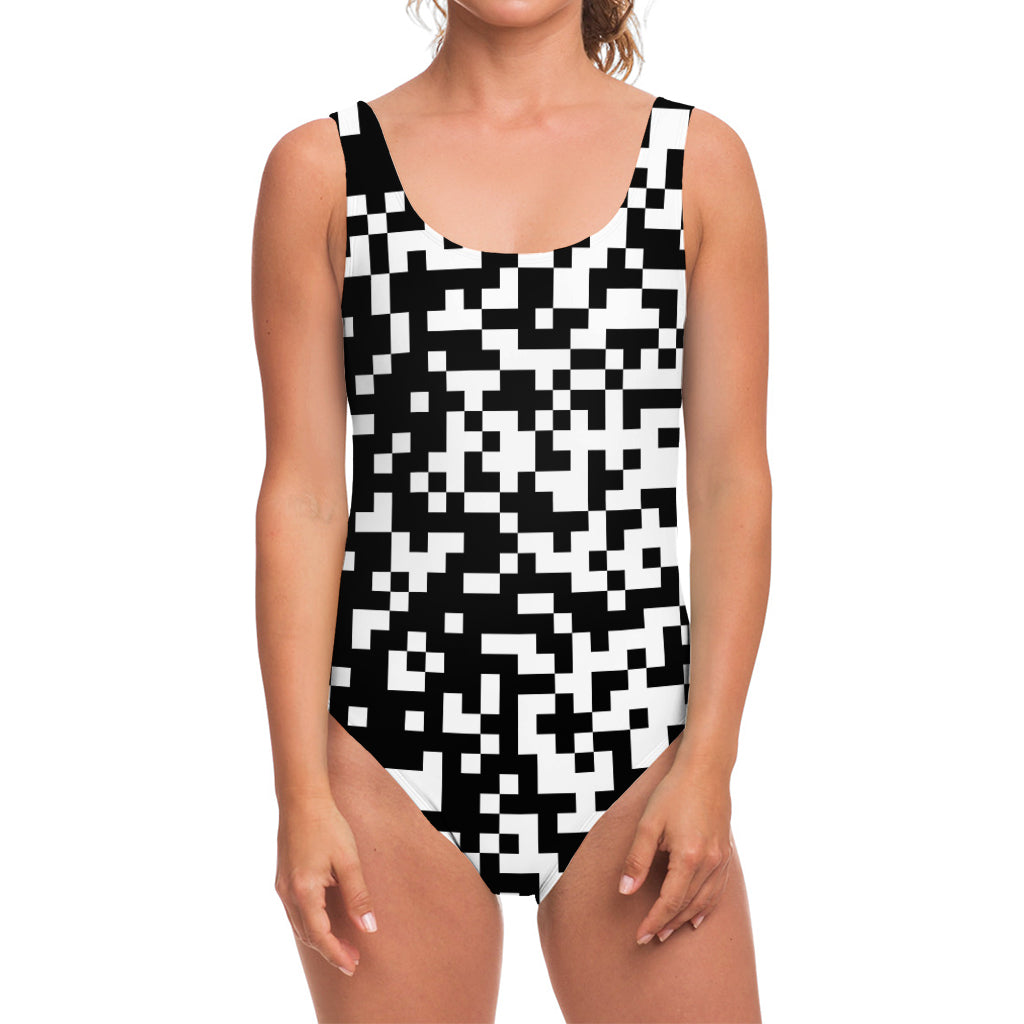 Black And White Pixel Pattern Print One Piece Swimsuit