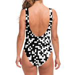 Black And White Pixel Pattern Print One Piece Swimsuit
