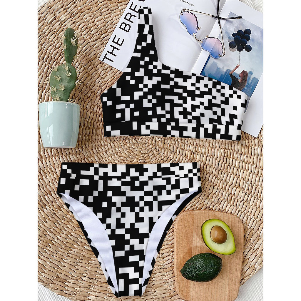 Black And White Pixel Pattern Print One Shoulder Bikini Top