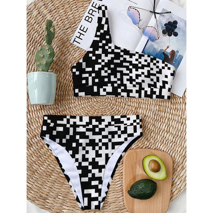 Black And White Pixel Pattern Print One Shoulder Bikini Top