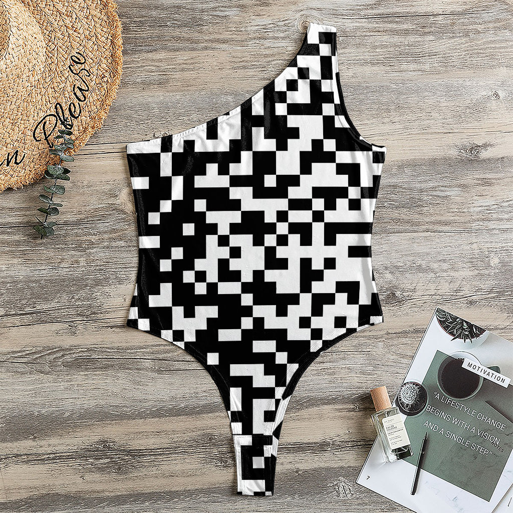 Black And White Pixel Pattern Print One Shoulder Bodysuit
