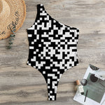Black And White Pixel Pattern Print One Shoulder Bodysuit