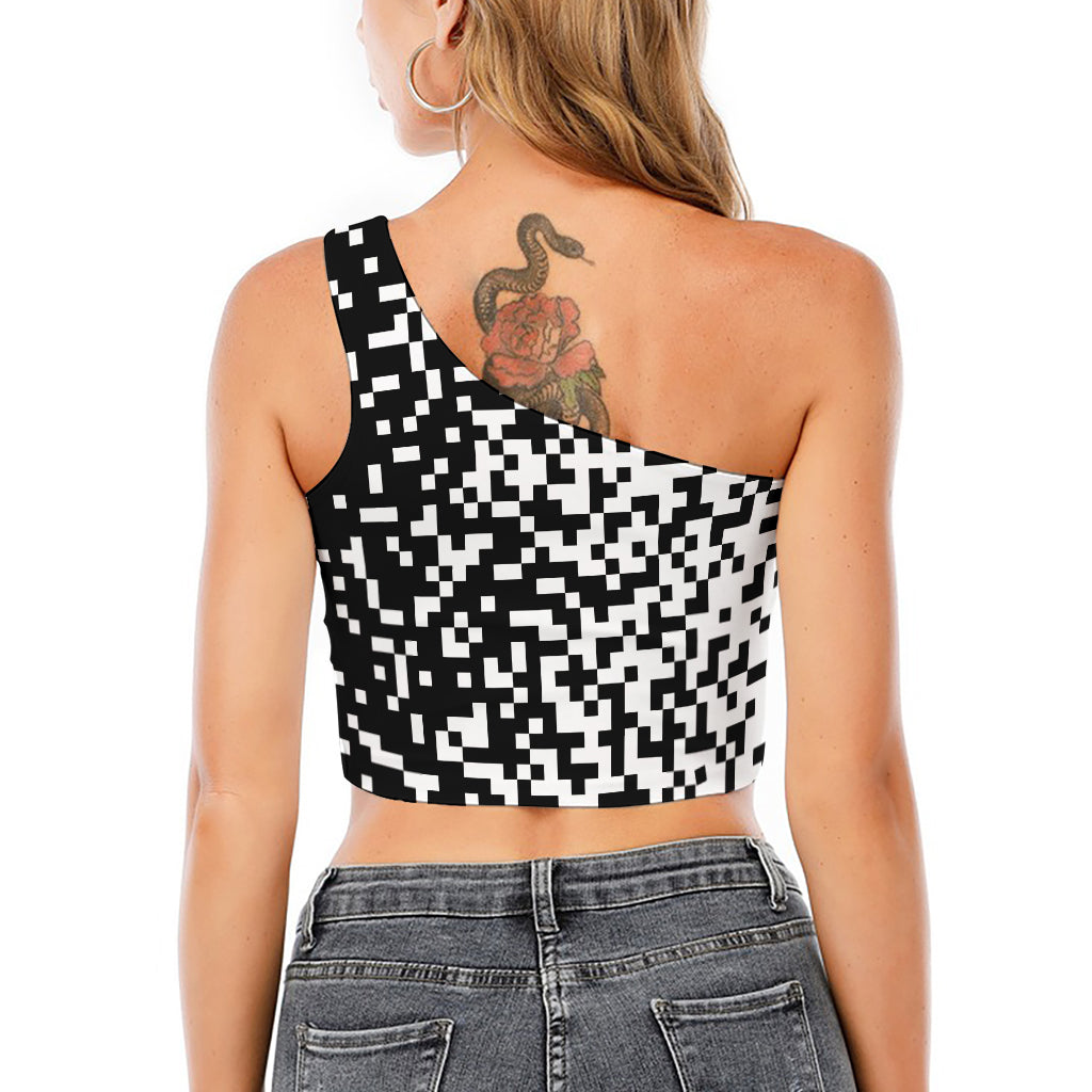 Black And White Pixel Pattern Print One Shoulder Crop Top