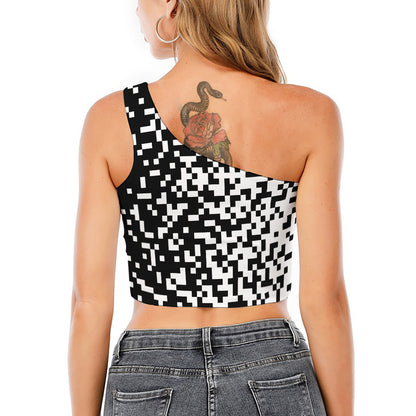 Black And White Pixel Pattern Print One Shoulder Crop Top