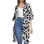 Black And White Pixel Pattern Print Open Front Beach Cover Up