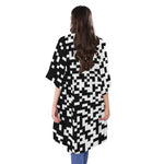Black And White Pixel Pattern Print Open Front Beach Cover Up