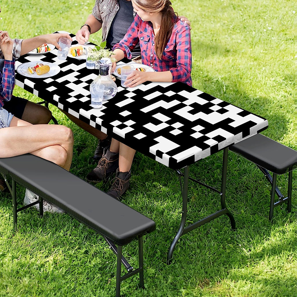 Black And White Pixel Pattern Print Picnic Table Cover