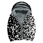Black And White Pixel Pattern Print Sherpa Lined Zip Up Hoodie