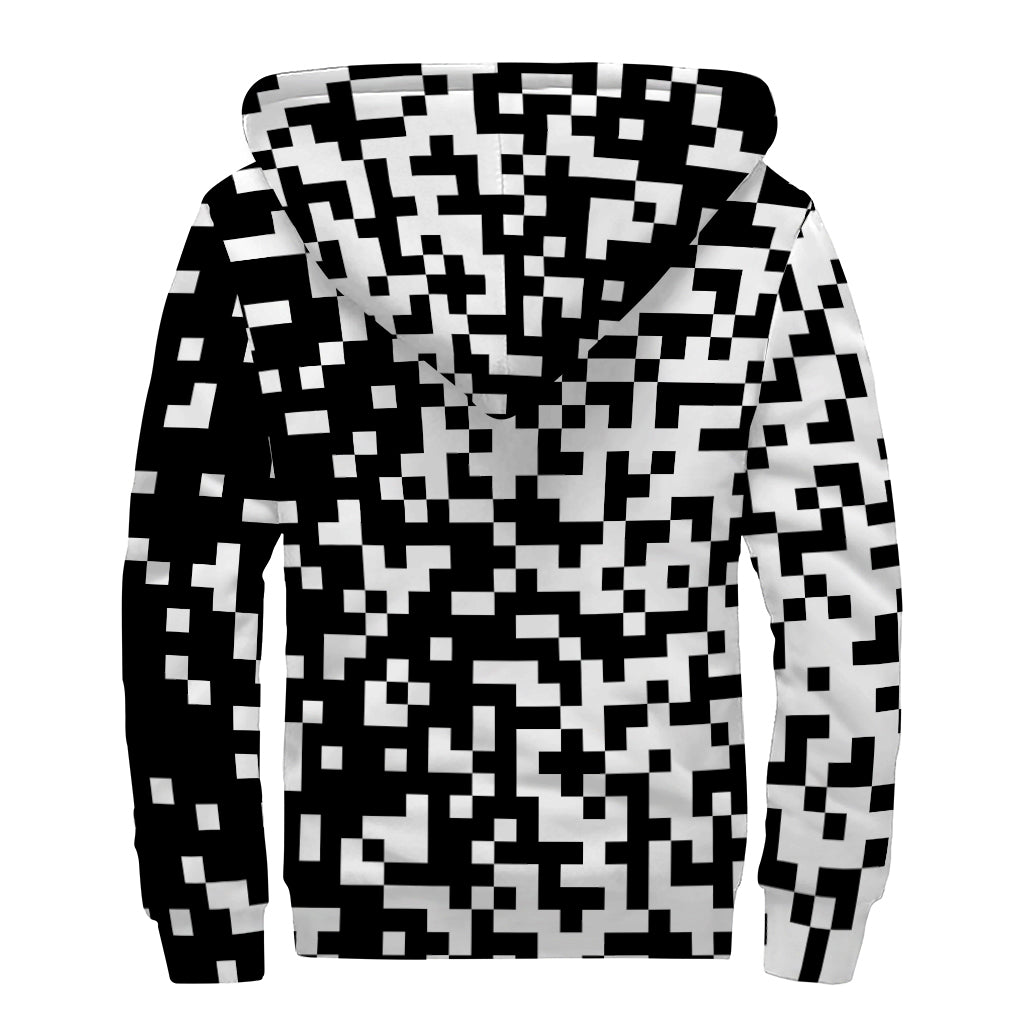 Black And White Pixel Pattern Print Sherpa Lined Zip Up Hoodie
