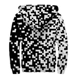 Black And White Pixel Pattern Print Sherpa Lined Zip Up Hoodie
