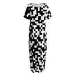 Black And White Pixel Pattern Print Short Sleeve Long Nightdress