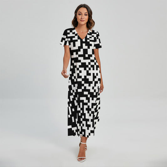 Black And White Pixel Pattern Print Short Sleeve Maxi Dress