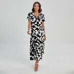 Black And White Pixel Pattern Print Short Sleeve Maxi Dress