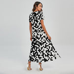 Black And White Pixel Pattern Print Short Sleeve Maxi Dress