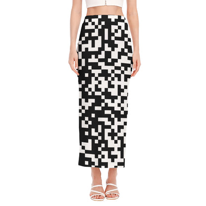 Black And White Pixel Pattern Print Side Slit Maxi Skirt