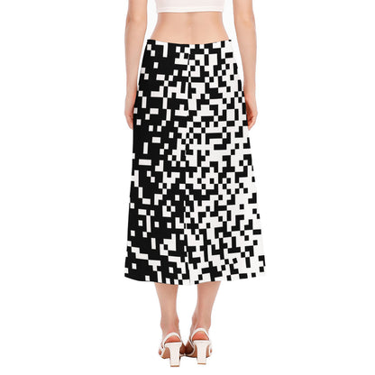 Black And White Pixel Pattern Print Side Slit Midi Skirt