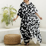Black And White Pixel Pattern Print Silk V-Neck Kaftan Dress