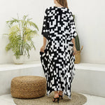 Black And White Pixel Pattern Print Silk V-Neck Kaftan Dress