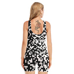 Black And White Pixel Pattern Print Sleeveless One Piece Swimsuit