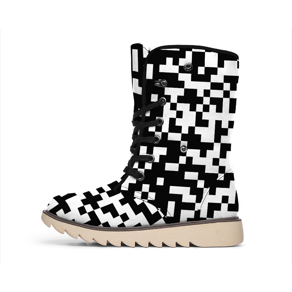 Black And White Pixel Pattern Print Winter Boots