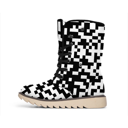 Black And White Pixel Pattern Print Winter Boots