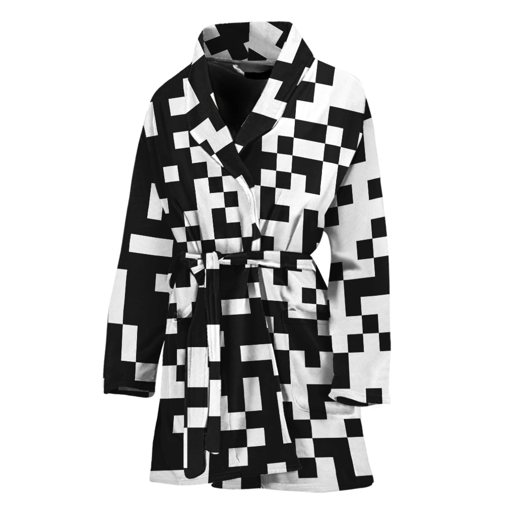Black And White Pixel Pattern Print Women's Bathrobe