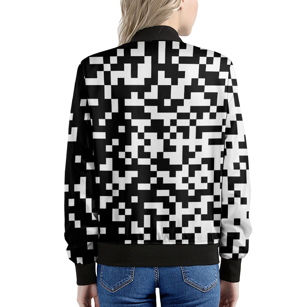 Black And White Pixel Pattern Print Women's Bomber Jacket
