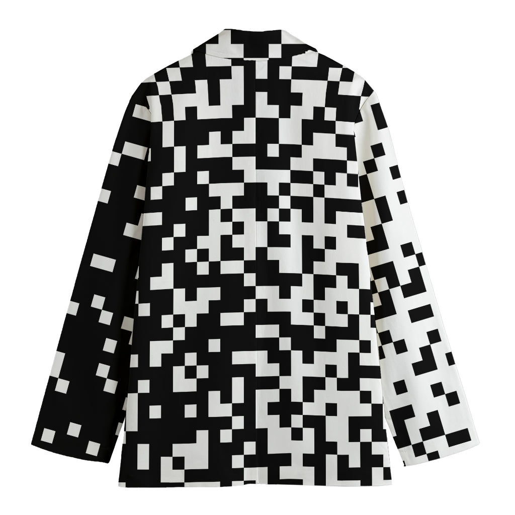Black And White Pixel Pattern Print Women's Cotton Blazer