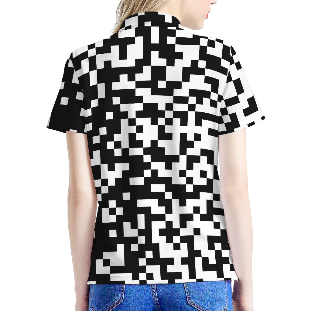 Black And White Pixel Pattern Print Women's Polo Shirt