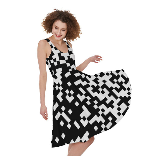 Black And White Pixel Pattern Print Women's Sleeveless Dress