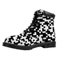 Black And White Pixel Pattern Print Padded Collar Lace Up Boots