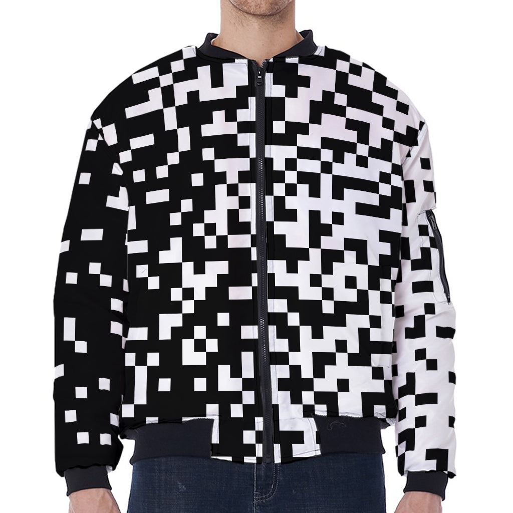 Black And White Pixel Pattern Print Zip Sleeve Bomber Jacket