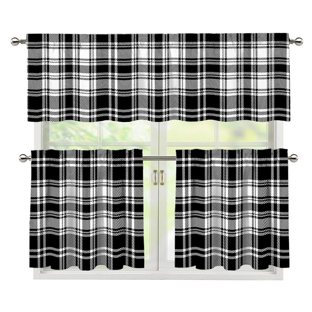 Black And White Plaid Pattern Print 3 Piece Kitchen Curtains