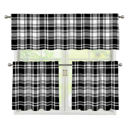 Black And White Plaid Pattern Print 3 Piece Kitchen Curtains